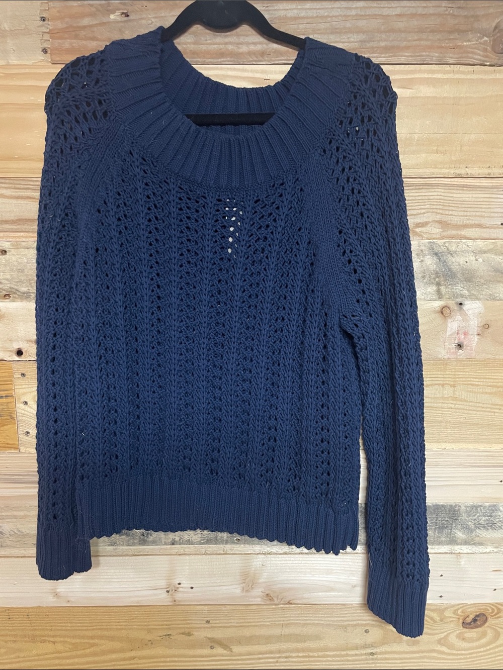 J. Crew size Medium Navy Blue Open Cable Knit Crewneck Soft & Stretchy Sweater